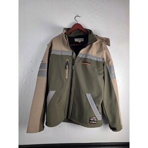 UHaul Mens XL Soft Shell Hooded Jacket Tan Olive Green Reflective Workwear